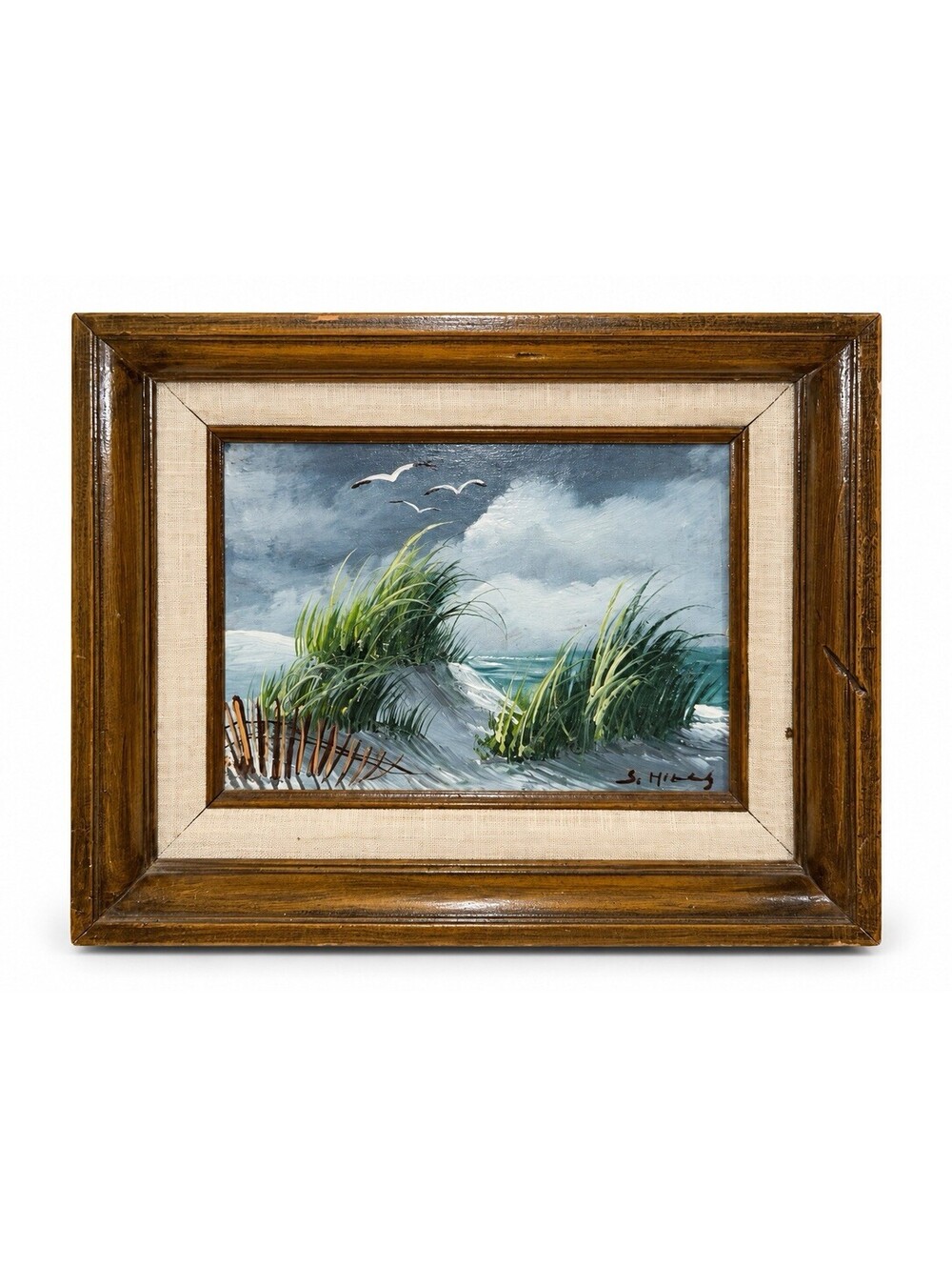 Signed Coastal Dune Painting in Wood Frame